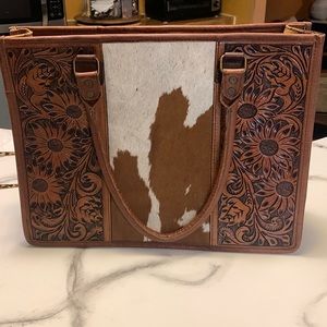 Brown Tooled Leather & Cowhide Shoulder Tote